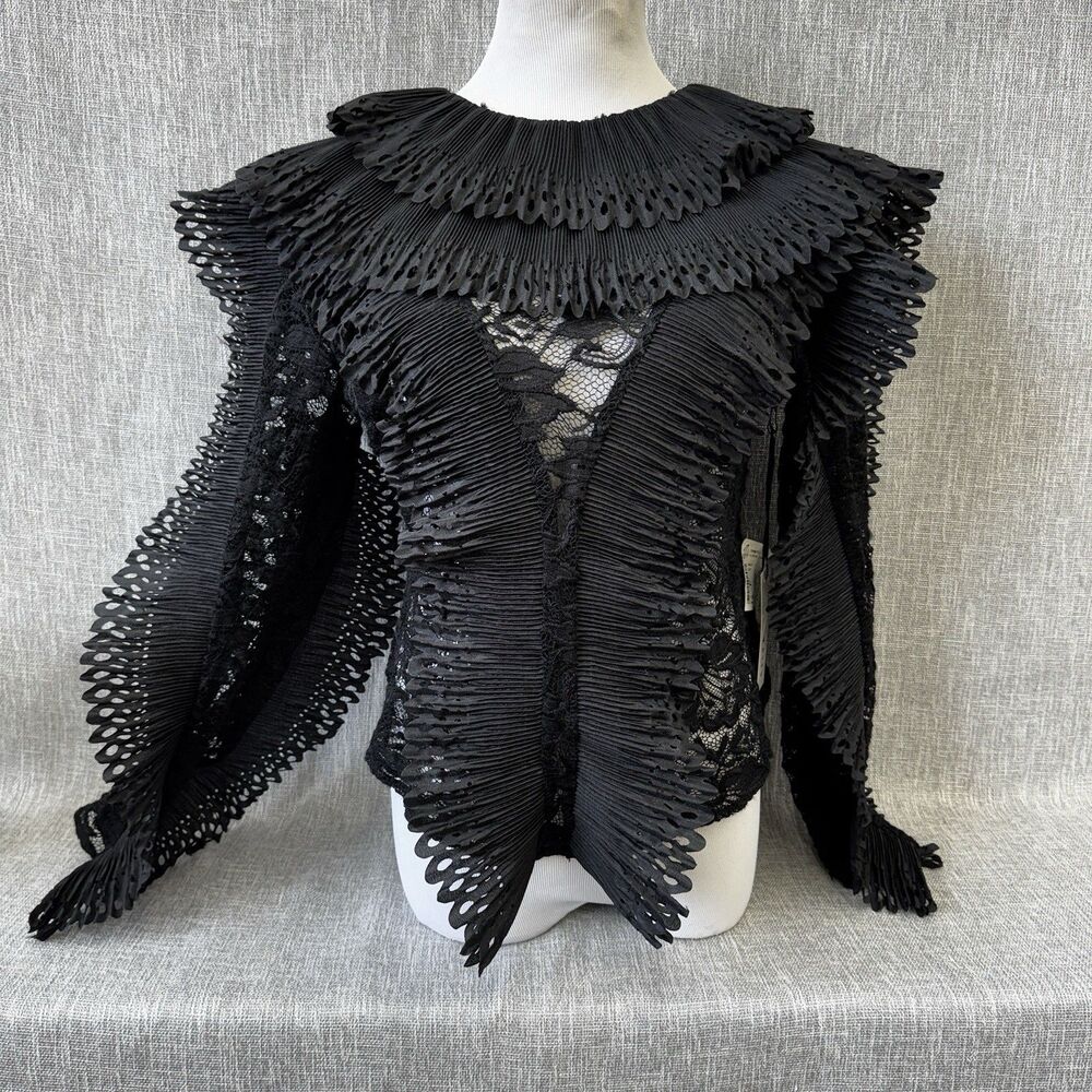 Voilà Black Pleated Lace Blouse L NWT Sheer Avant Garde Statement Ruffle Top - Picture 3 of 12
